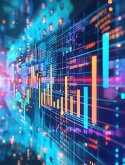 Aufkleber - Abstract digital interface with glowing charts and graphs representing data analysis, technology trends, and financial information.