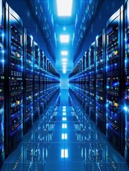 Leinwandbilder - A high-tech data center with rows of servers illuminated by blue lights, showcasing modern technology and network infrastructure.