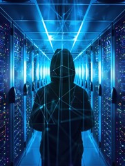 Poster - A hooded figure standing in a futuristic server room with blue lighting, representing cybersecurity and hacking concepts.