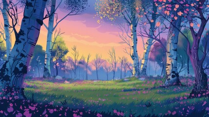 Wall Mural - Magical enchanted forest at sunset with colorful trees and flowers. Fantasy woodland landscape background illustration