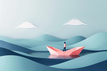 Wall Mural - Minimalist illustration of a person floating on a paper boat