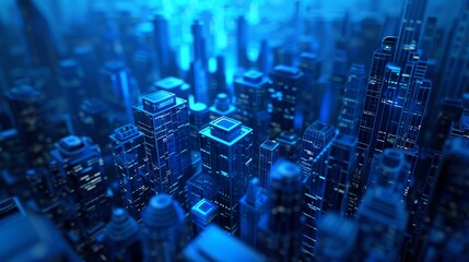 Poster - Abstract 3D rendering of a digital cityscape with a deep blue background