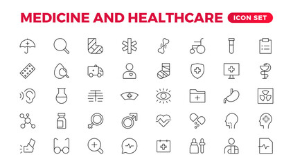 Wall Mural - Set of Medical and Healthcare related Linear icons. healthcare, Medicine, medicine, check-up, doctor, dentistry, pharmacy, lab, scientific discovery, sign symbol icon collection.