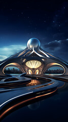 Poster - Futuristic Architectural Masterpiece in Starry Night Landscape