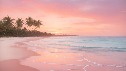 A pink and orange sunset over a sandy beach with palm trees