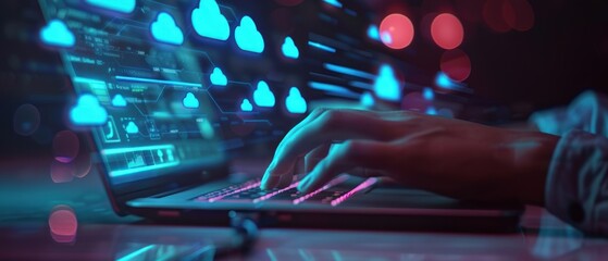 Poster - Hand typing on laptop with connection cloud computing data transfer