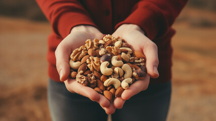 Close-up of a person's hand holding a handful of mixed nuts and seeds against a blurred natural background