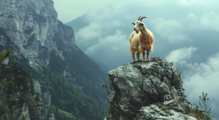 Wall Mural - White Goat Standing on Mountain Clifftop With Clouds and Mist