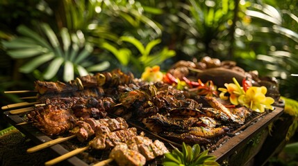 Poster - A platter of grilled meats and fish cooked over an open fire surrounded by the vibrant greenery of the rainforest.