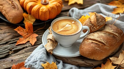 Poster - Autumnal Coffee Break with Bread and Leaves