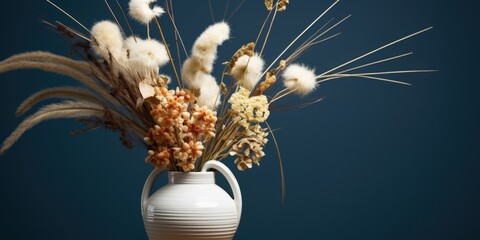 Wall Mural - Dried Flowers in a White Vase Against a Teal Background