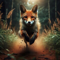 Wall Mural - High-speed photography of a Fox running fast in the tall grass, motion blur and a fast shutter speed