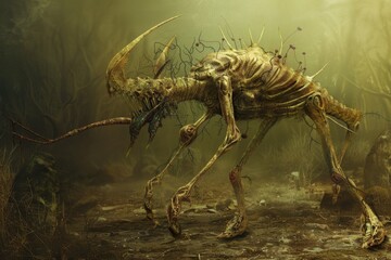 skeletal beast with horns and tentacles wandering in a dark forest with misty background
