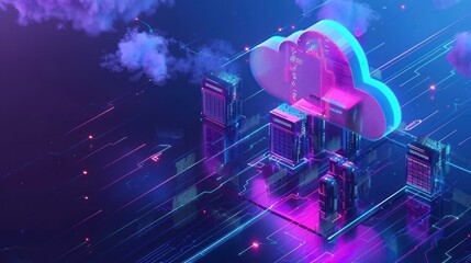 Poster - Isometric big data neon light cloud computing futuristic technology