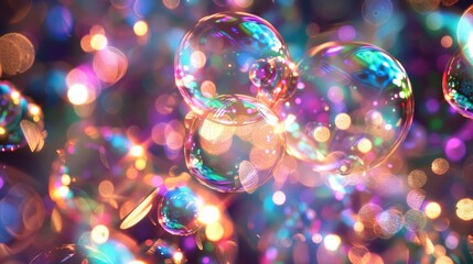 Poster - Bubble illumination: Close-up of soap bubbles glowing with radiant light, forming an abstract background filled with iridescent hues