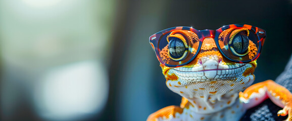 Wall Mural - Stylish Tokay Gecko Wearing Sunglasses and Business Suit in Close up Portrait   Creative Conceptual Image of Clever Innovative Amphibian Reptile in Professional Attire with Copy Space