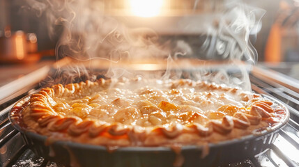 The pie is baking in the oven, steam rising, filling the kitchen with a tempting aroma