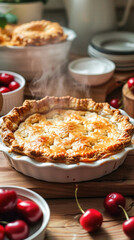 Poster - A delicious pie is placed on a rustic wooden table next to a bowl of fresh cherries