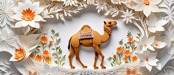 Canvas Print - Camel in a hole of floral white paper art, intricately sculpted with exquisite detail in the hyperrealistic style.