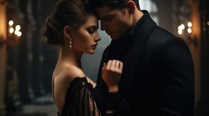 Elegant Couple Intimately Posing in Dim Lighting with Fashionable Black Attire