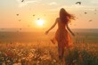 © studio_ - Woman Walking into the Sunset with Birds Flying