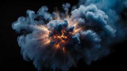 blue smoke center radial explosion isolated in black b background