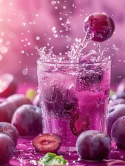 Purple plum juice splash with plum pieces, ample copy space