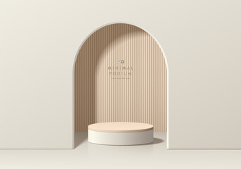 Poster - 3D beige round product podium background with vertical pattern in arch gate. Abstract composition in minimalist design. 3D studio display showroom product pedestal, Fashion stage showcase mockup scene