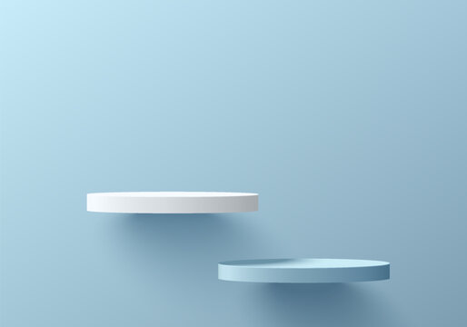 3D blue product podium set floating on the clean wall background. Abstract geometric composition in minimalist design. 3D studio display showroom product pedestal, Fashion stage showcase mockup scene.