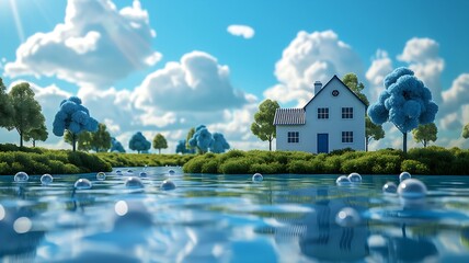 A small white house with blue trim sits on a grassy hill overlooking a lake with floating bubbles.