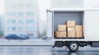 © Paul - Truck delivering online orders with open back door, cardboard boxes inside, detailed transportation, city background, realistic and busy scene