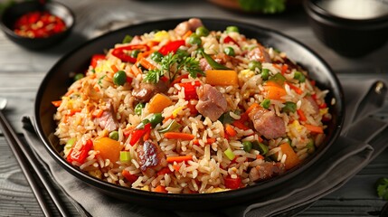 Wall Mural - Delicious Chinese Fried Rice with Pork and Vegetables