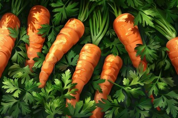 Sticker - Close up view of freshly picked carrots lying on a bed of vibrant green parsley leaves, showcasing their natural beauty