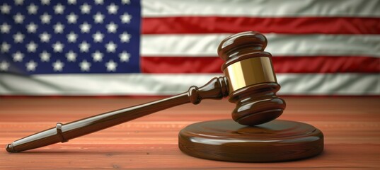 Wall Mural - Law court gavel with America flag background. 4th of July or American independence day. Generative AI technology.