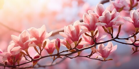 Wall Mural - Pink Magnolia Blossoms in the Sunlight