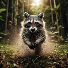 Wall Mural - High-speed photography of a racoon running fast in the tall grass, motion blur and a fast shutter speed