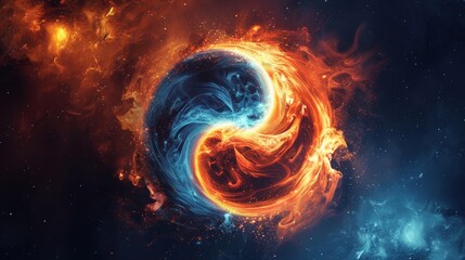Wall Mural - Abstract yin yang with swirling light and fire, starry universe background, cosmic elements, detailed and dynamic design, visually striking