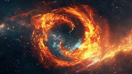 Wall Mural - Abstract yin yang with swirling light and fire, starry universe background, cosmic elements, detailed and dynamic design, visually striking