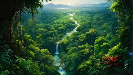 Wall Mural - aerial top view forest tree, rainforest ecosystem and healthy environment concept and background, te