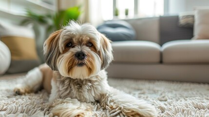 Wall Mural - Small dog sitting on couch in living room