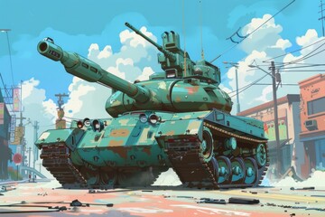 Illustration of a military tank patrolling a deserted city street on a sunny day