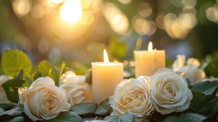 Canvas Print - White roses with candles in background