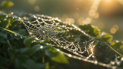 A spiderweb with dew drops on it, illuminated by the sun