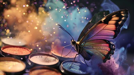 Wall Mural - Vibrant Butterfly with Iridescent Wings Resting on Magical Bokeh Background