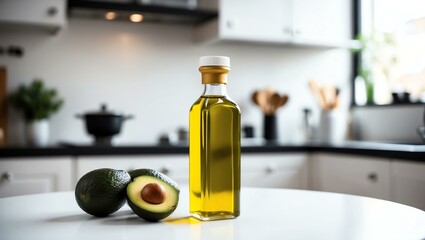 avocado oil on a white table with a blurred kitchen ba background