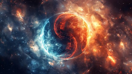 Wall Mural - Cosmic yin yang abstract wallpaper, bright light and fiery particles, star-filled universe, intricate details, harmonious and vibrant