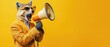 © Boomanoid - Stylish Raccoon in Suit with Sunglasses Shouting into Megaphone on Bright Yellow Background