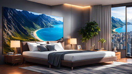Wall Mural - Modern bedroom, double bed, neat sheets and double bed, beautiful city view outside the floor to floor window, current bedroom design, banners and background