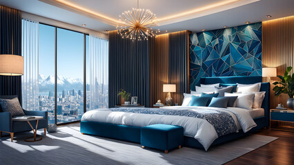Wall Mural - Modern bedroom, double bed, neat sheets and double bed, beautiful city view outside the floor to floor window, current bedroom design, banners and background
