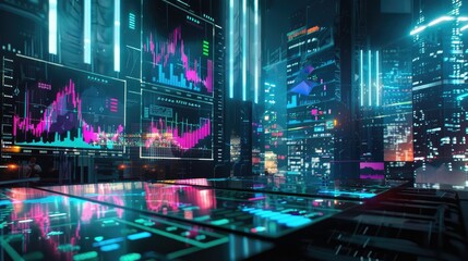 Neon soaked Cryptocurrency Trading Hub in Gritty Urban Environment